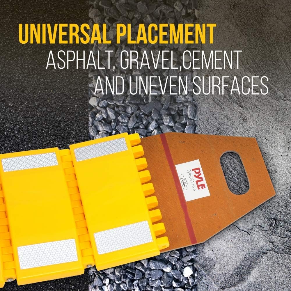 Pyle Portable Vehicle Traffic Speed Bump - 9.8' ft Heavy Duty Reflective Plastic Humps, Car Truck Automotive Vehicles Speed Bumps for Asphalt Concrete Gravel Garage Driveway Roads Parking Lot - PSPD16