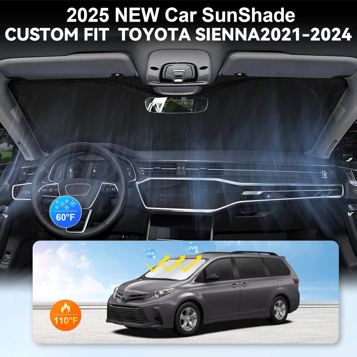 Sunshade for Toyota Sienna 2021-2024 2025 L LE SE XLE Limited Van Minivan Car Accessories Front Window 210T Reflective Shield Cover for Windshield Sun Visor