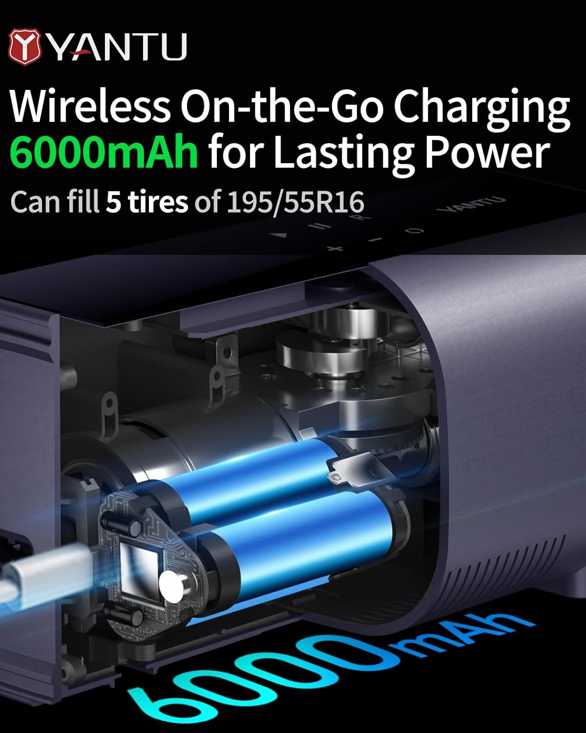 YANTU Dual Cylinder Tire Inflator Portable Air Compressor With 8.3-Inch Large Digital Screen,12V Cordless/battery powered Car Air Pump For Car Tires，Electric Auto Shut Off for Truck/Bike/Pickup/Moto