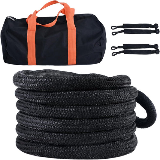 Kinetic Recovery Tow Rope, 48000LBS Snatch Strap with Soft Shackles, Extreme Duty 30% Elasticity Energy Offroad Towing Straps Kit for Car Jeep Trucks SUV UTV ATV Tractor - 1" x 20ft, Black
