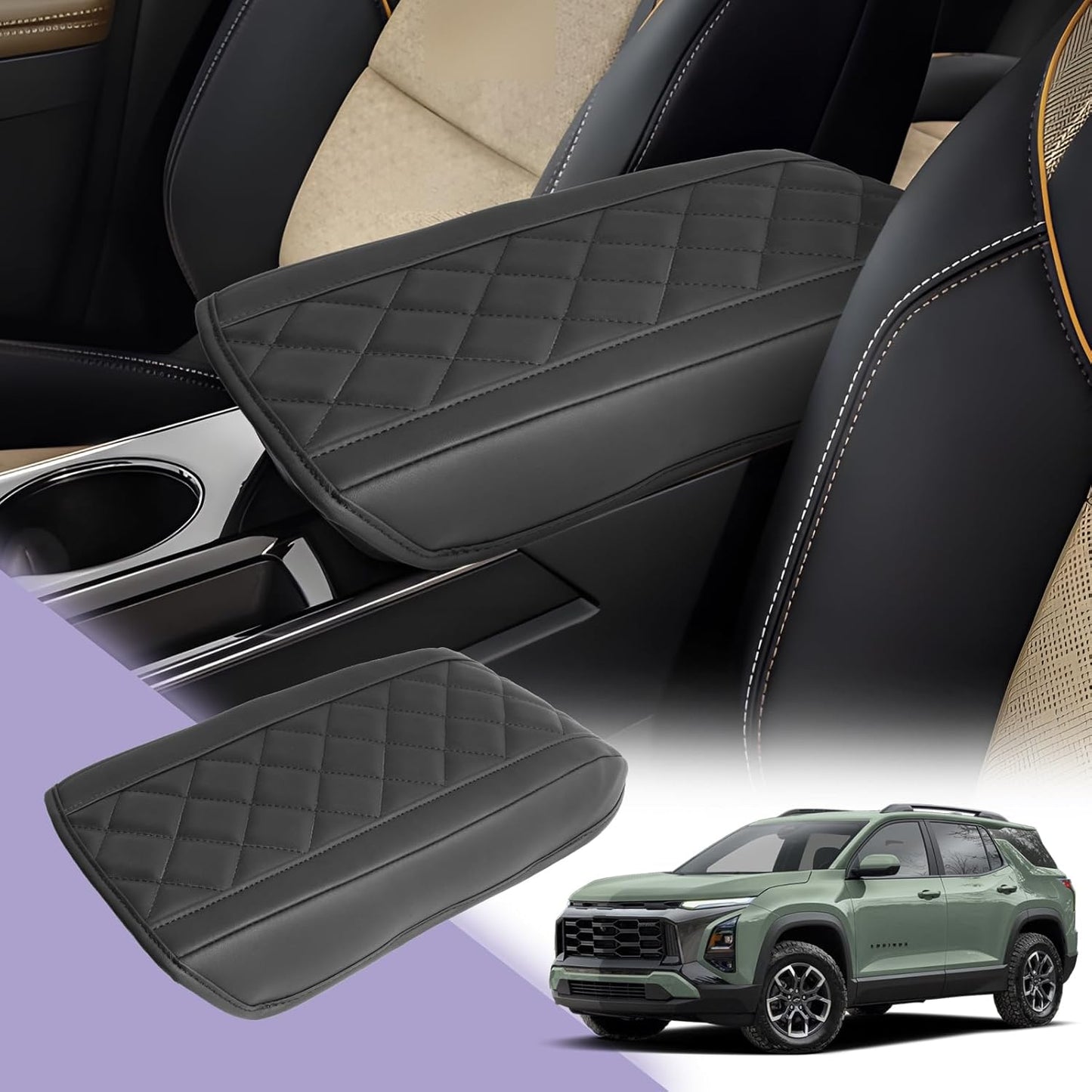 LUWU Center Console Cover Compatible with 2025 Chevrolet Equinox Accessories 2025 Equinox Armrest Cover Center Console Pad 2025 Equinox LT, ACTIV, RS Armrest Console Cover Soft Leather (Black A)