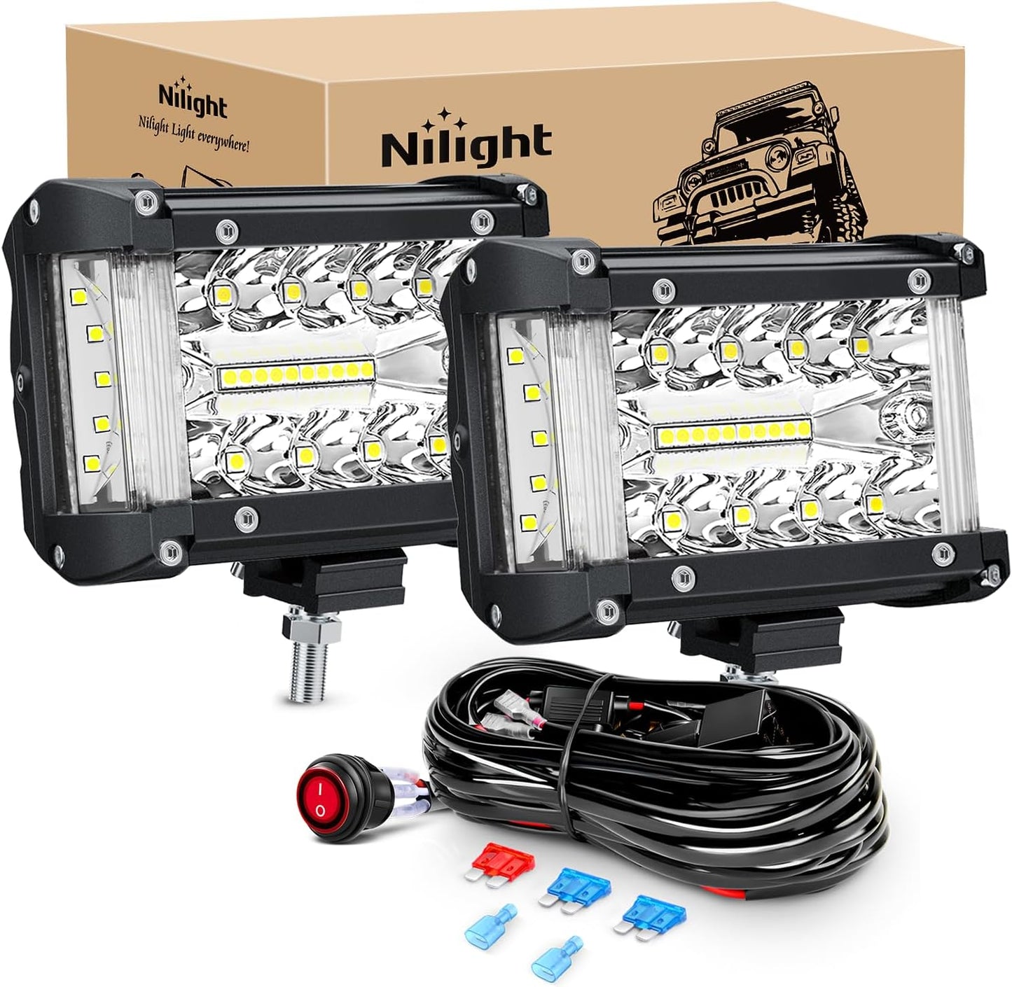 Nilight Side Shooter LED Light Bar 2PCS 4.3 Inch Triple Row Spot Flood Combo with Wiring Harness Kit for Off Road Driving Fog Work Lamp on Truck SUV ATV UTV