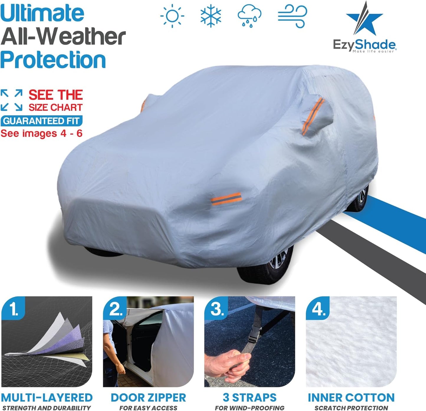 EzyShade 10-Layer SUV Car Cover Waterproof All Weather. See Vehicle Size-Chart for Accurate Fit. Outdoor Full Exterior Covers for Automobiles Heavy Duty Tarp Jeep Rav4 CRV. Size S1 (See SizeChart)