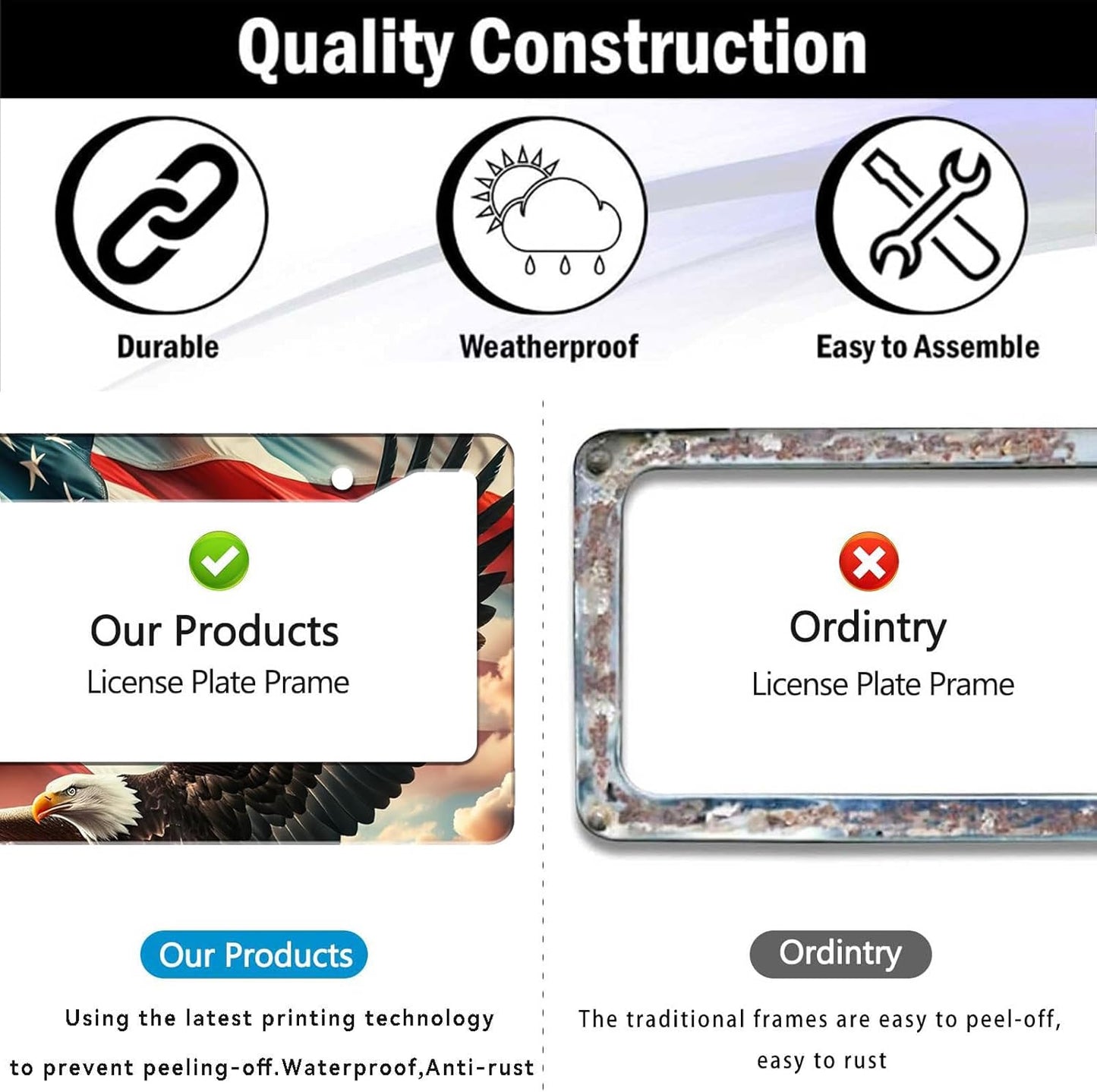 2 Pack US Flag Eagle Universal License Plate Frame - Heavy Duty Rustproof Aluminum Matte Black Car Tag Holder Bracket Fits All US States, Easy Install with Screws Included