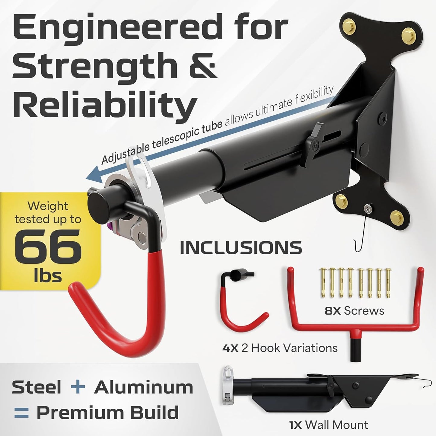 UrbanMount Wall Mount Bike Rack Garage - Mountain Bike Wall Mount Horizontal Vertical Design with 66lbs Cap, Screws, Installation Manual - Secure Road Cycling Holder Storage, Bicycle Hanger for Home