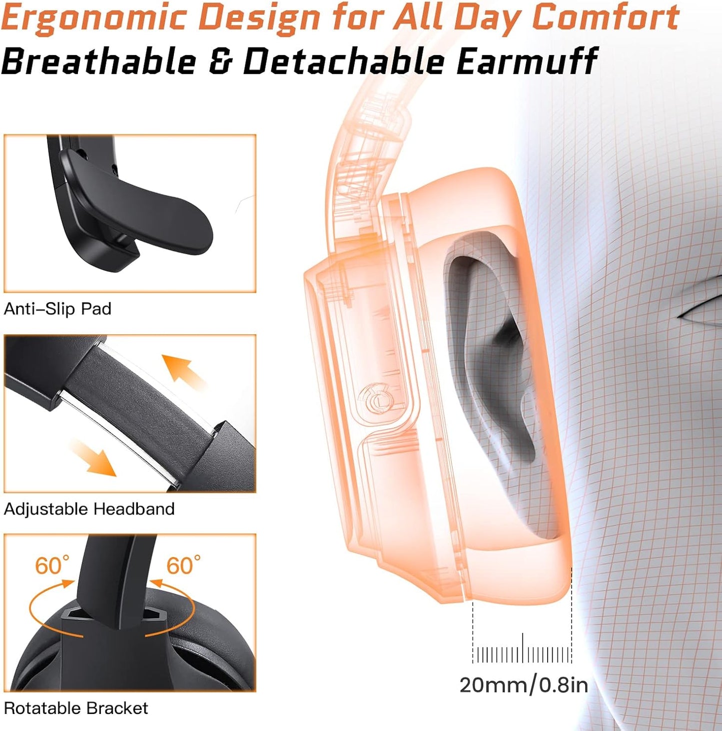 Trucker Bluetooth Headsets, Wireless Headset with AI Environmental Noise Cancelling & Mute Microphone, Up to 30H Talk Time, 164ft Wireless Range, Bluetooth Over Ear Headphones for PC, Computer, Skype