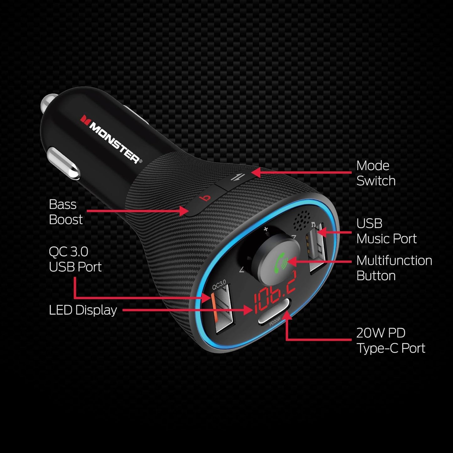 Monster Bluetooth FM Transmitter for Car Cigarette Lighter with 20W QC3.0 USB A & USB C PD Charger, Bass Boost Button, Flash Drive Port, Google Voice & Siri Compatible, Hands-Free Calls, Microphone