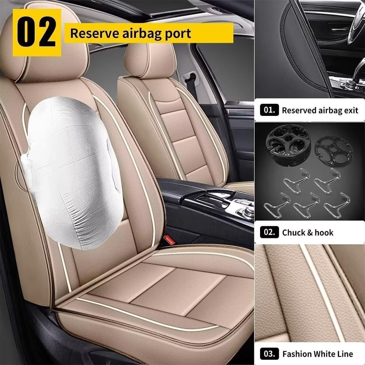 YORKNEIC Leather Car Seat Covers Fit for Hyundai Kona 2018-2025: 5 Seats Full Set Seat Covers - Waterproof Auto Seat Protector Compatible Airbag (Beige)