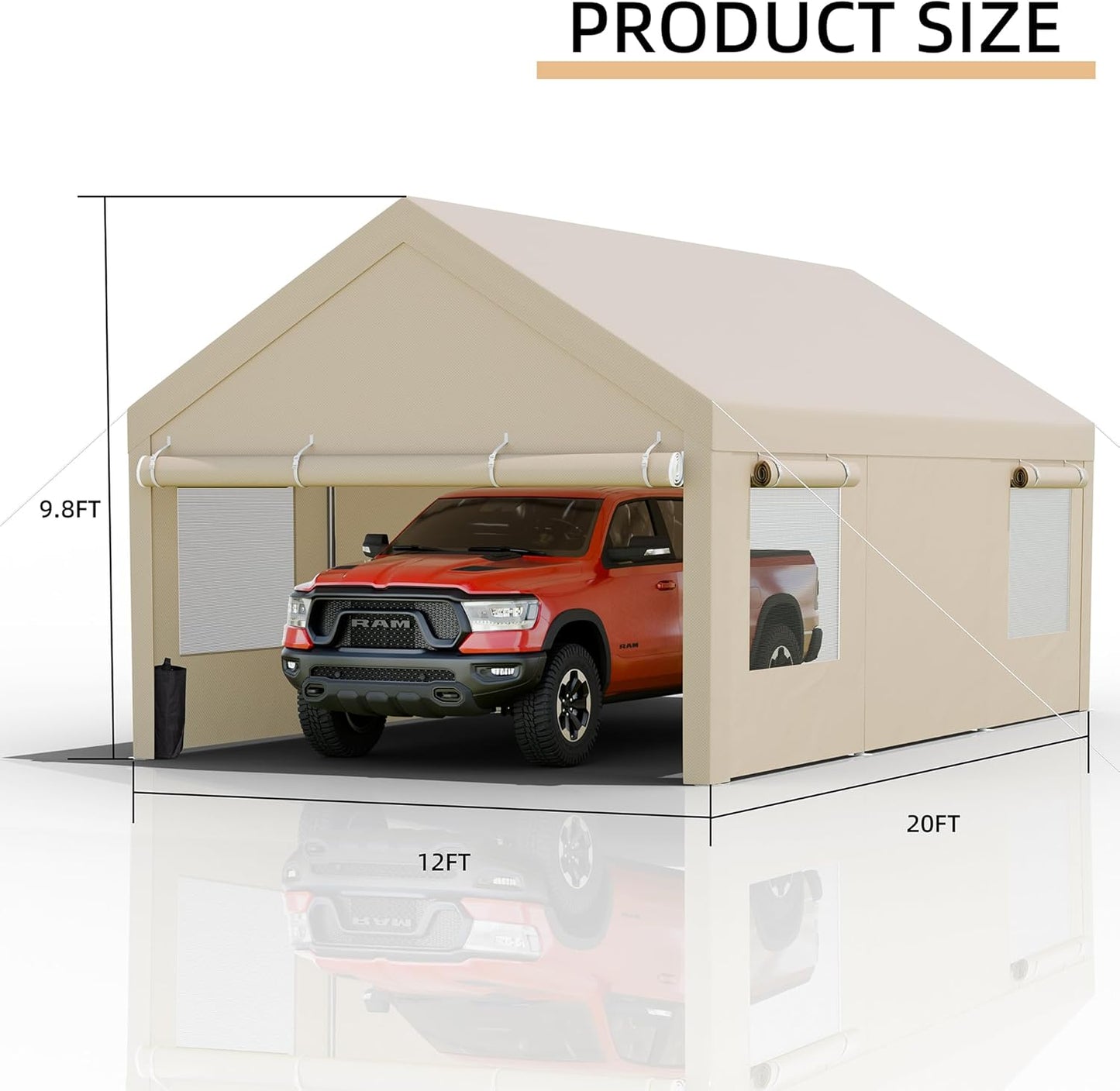 JY QAQA Carport, 10x20 FT Heavy Duty Carport with Removable Side Walls and Doors, Portable Garage with Roll-Up Window and Sandbags, Car Canopy with All-Season Tarp for Cars, Trucks, Boats, Khaki