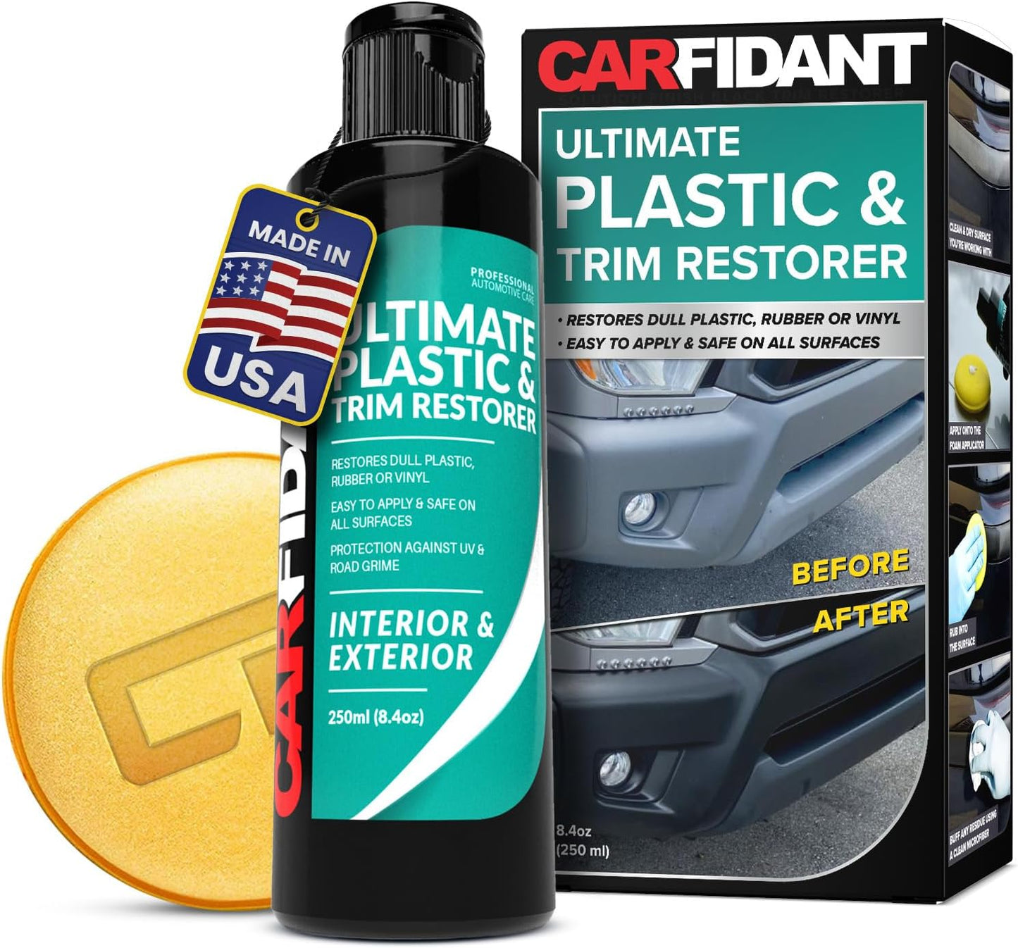 Carfidant Plastic Restorer for Cars – Refreshes Faded Plastic, Vinyl & Rubber Trim with Polish for Deep Shine – Protects Against UV & Dirt – Black Exterior & Interior Care for Detailing - 8.4 fl. Oz.