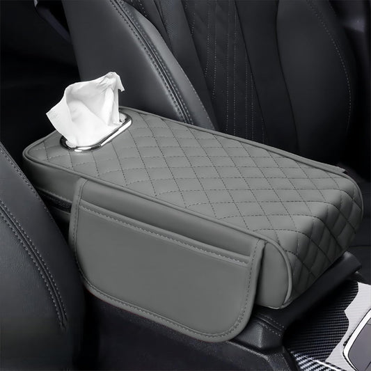 Car Armrest Cover Leather Car Console Covers Box Pad with Pocket and Tissue Box Arm Rest Cover for Car for SUV Truck Sedan Vehicle (Grey)