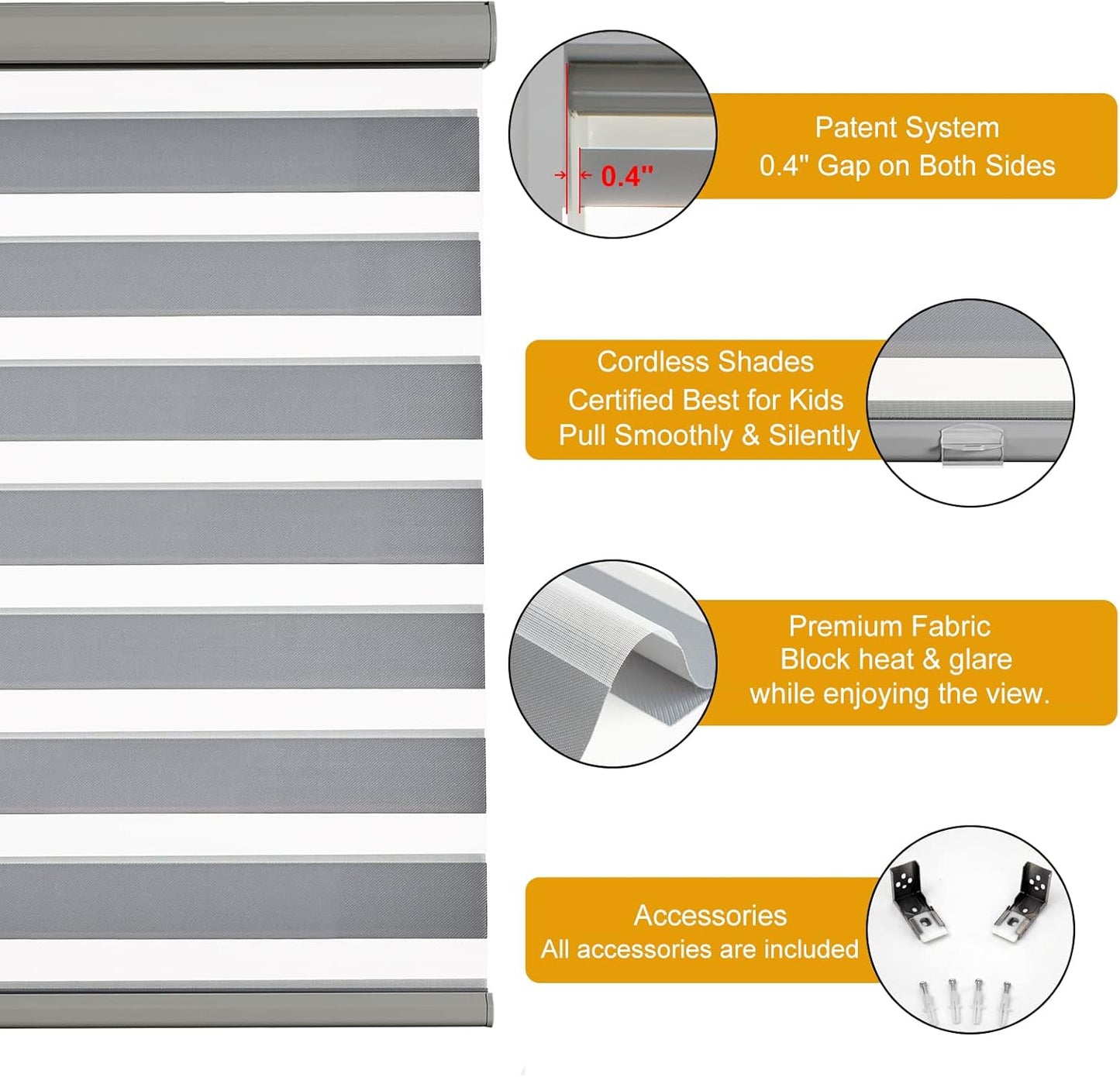 Persilux Cordless Zebra Blinds for Windows Free-Stop Roller Window Shades (22" W X 64" H, Grey) Dual Layer Light Control for Day and Night, Light Filtering Sheer Shades for Home, Easy to Install