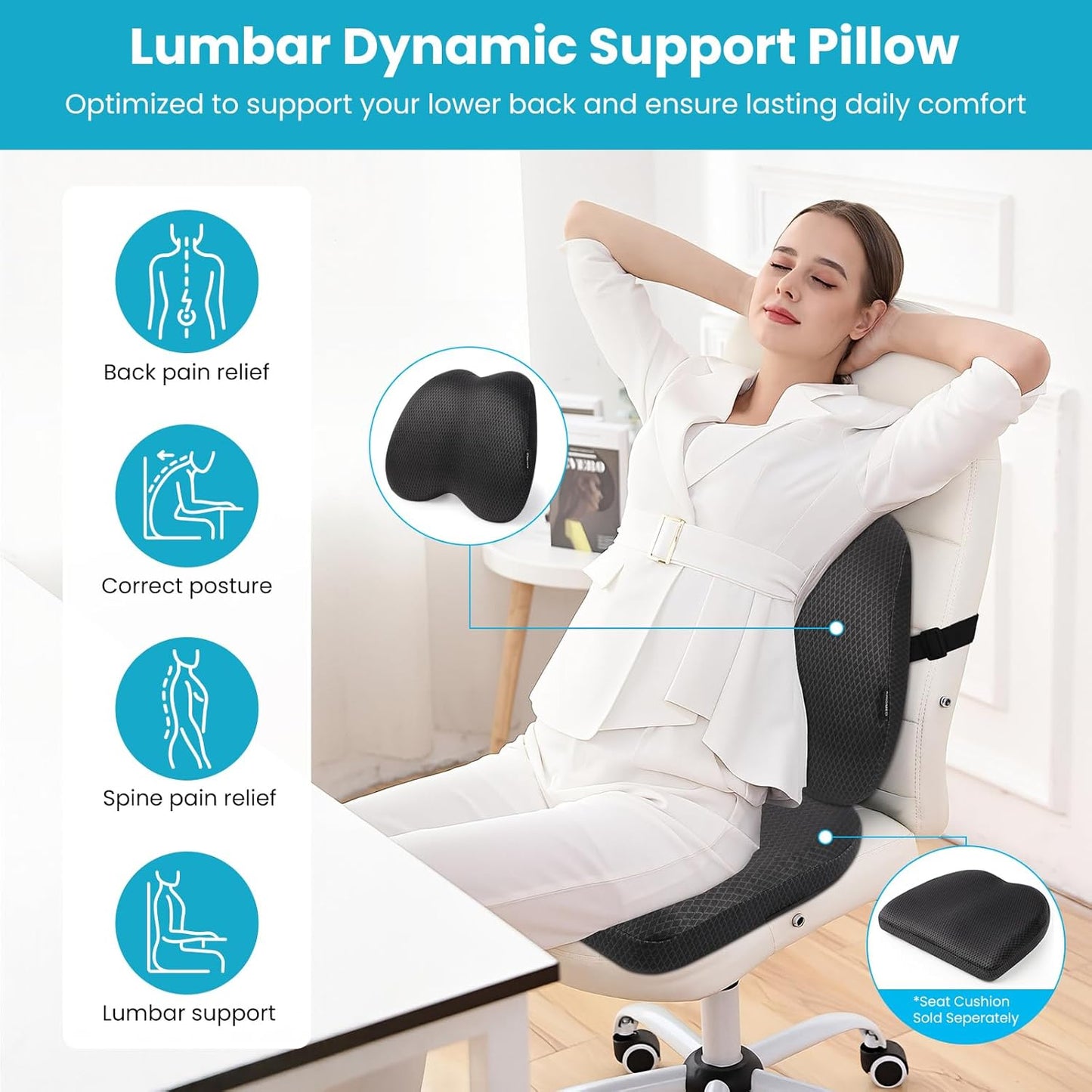Lumbar Support Pillow Office Chair Car Back Pillow Ergonomic Lower Back Pain Relief Breathable Air Fiber Cushion with Hours Sitting on Worker Driver & Handicapped, Adjustable Strap (Dark Grey)