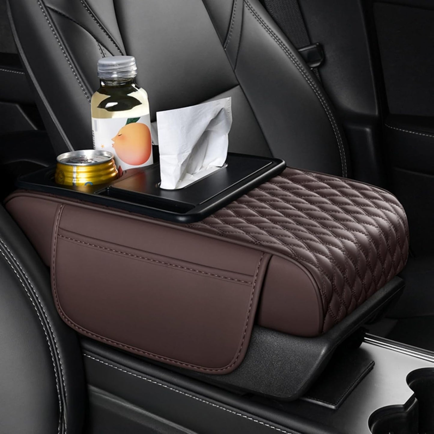 Center Console Cover Organizer, 5-In-1 Arm Rest Cover for Car with Cup Holder & Storage Pocket & Tissue Holder, Armrest Cover Cushion Pad, Water Ripples, Brown