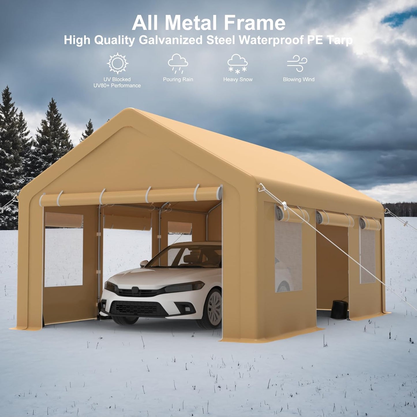 Heavy Duty Carport, Portable Garage with 4 Doors & 4 Window，Upgraded Carport with Reinforced Steel Poles, Uv Resistant All-Season Waterproof Tarp, for Car, Truck, Boat