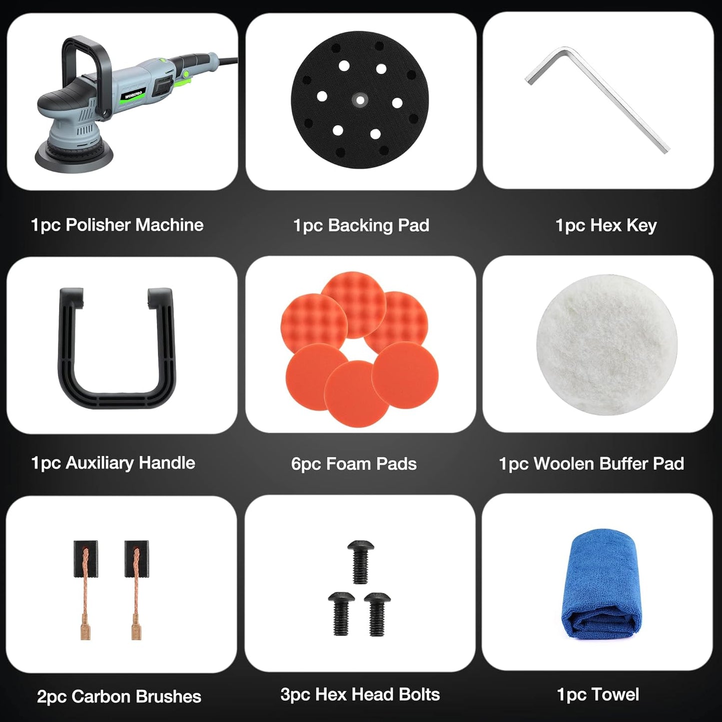 WORKPRO Buffer Polisher, 6-inch 1080W Dual Action Random Orbital Polish Kit for Car Detailing, 6 Variable Speed DA Polisher with Backing/Woolen/Foam Pads, Towel for Waxing, Buffing, Polishing