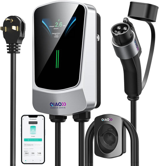 QIAO Level 2 EV Charger, Up to 40A Electric Car Charger, Wi-Fi Bluetooth APP Enabled EVSE, 4.3in Display, 25ft Cable, NEMA 6-50 Plug Charge Station Compatible with All SAE J1772 EV Models White
