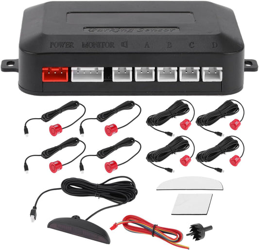 Motoforti Universal Car Auto Vehicle Reverse Backup Radar System Reverse Parking Sensors Alarm Buzzer Reminder Distance Detection Red 8 Parking Sensors