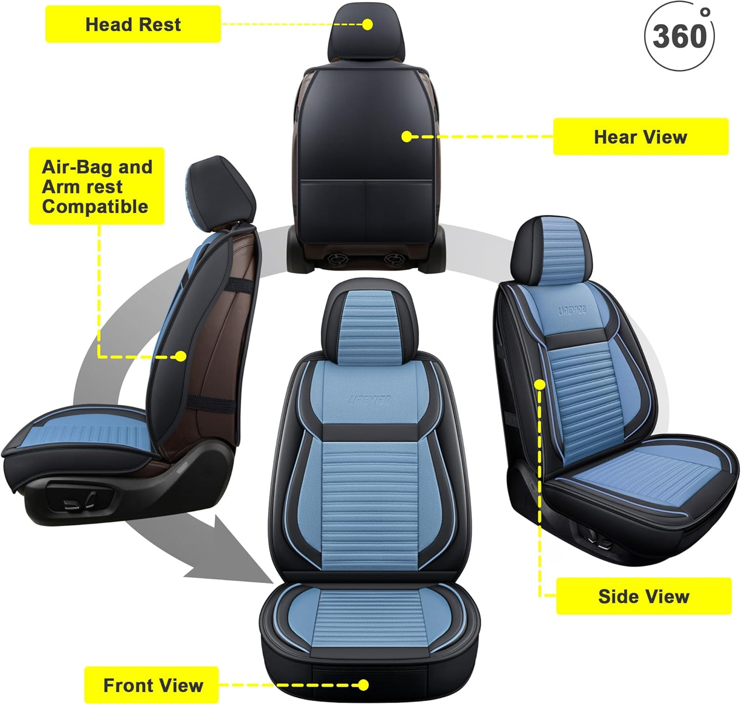 LINGVIDO Car Seat Covers, Breathable and Waterproof Faux Leather Automotive Seat Covers for Cars SUV Truck Sedan,Universal Anti-Slip Seat Cover with Backrest (Front Seat, Light Blue & Black)