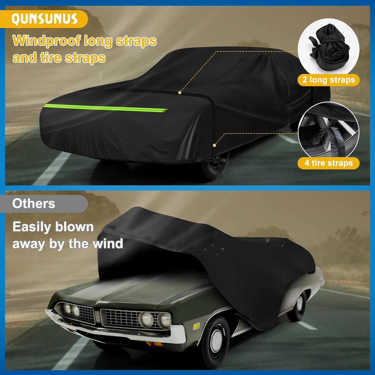 QUNSUNUS Waterproof Car Cover for Ford Torino 1968-1976 and Fairlane 1968-1970 4-Door, Outdoor Car Covers with Zipper and Straps for Wind, Sun, UV and Dust Protection