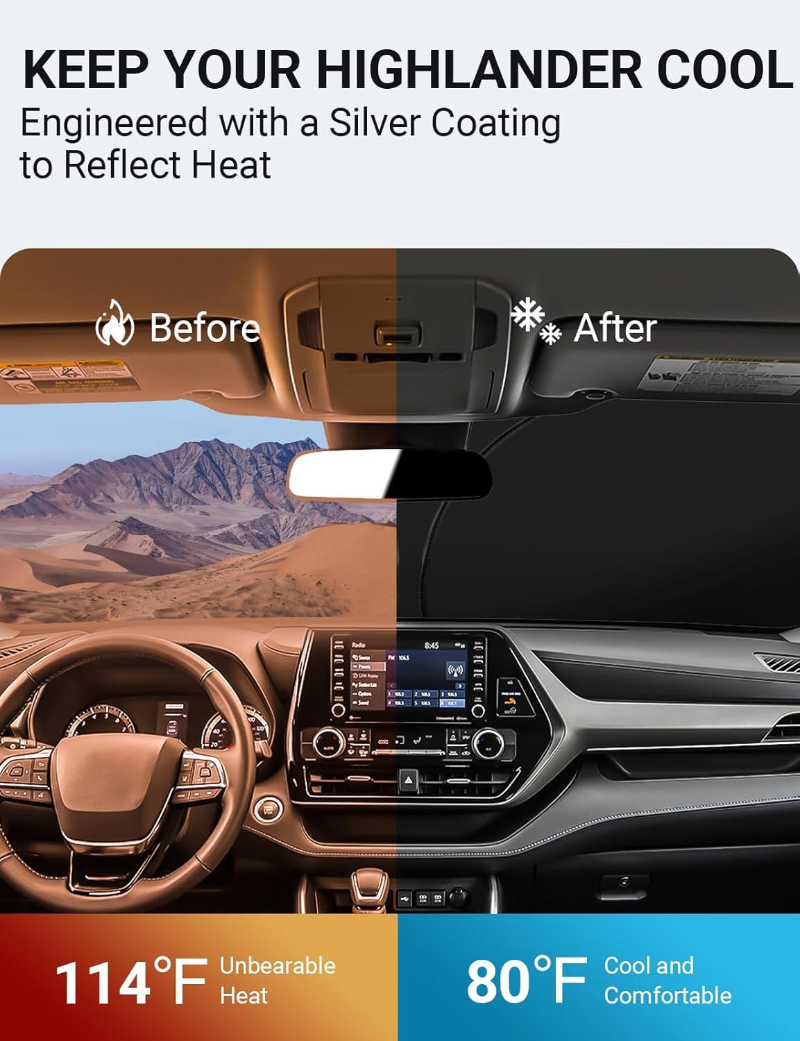 Proadsy for Toyota Highlander 2020-2024 2025 Windshield Sun Shade 4-Layer Foldable Highlander L LE XLE Limited Platinum Front Sunshade Protector Sun Visor Blocks UV Rays Keep Car Cooler