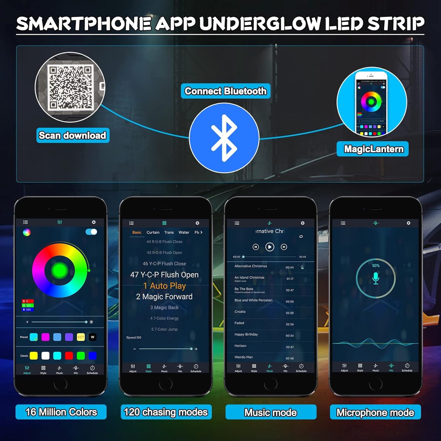 Car Underglow Lights Chasing Color, Upgraded Bluetooth Led Strip Light with Dream Color Chasing 212 Mode, Music Mode, DIY Mode, APP Control Underbody Strip Kit for Car, 35Inch & 47Inch, 6PC Pack