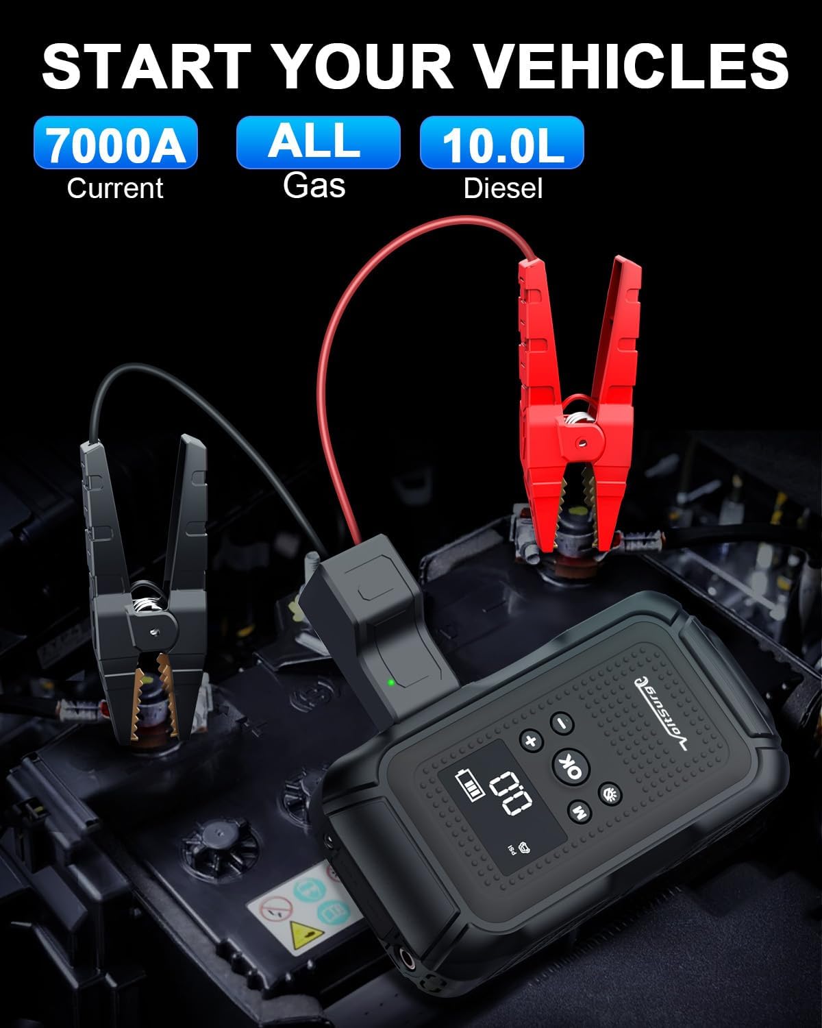 7000A Jump Starter with Air Compressor, VoltSurge 150PSI Battery Charger Pack (All Gas/10.0L Diesel), 12V Battery Jumper Starter Portable, Car Jump Box with Large LCD Display