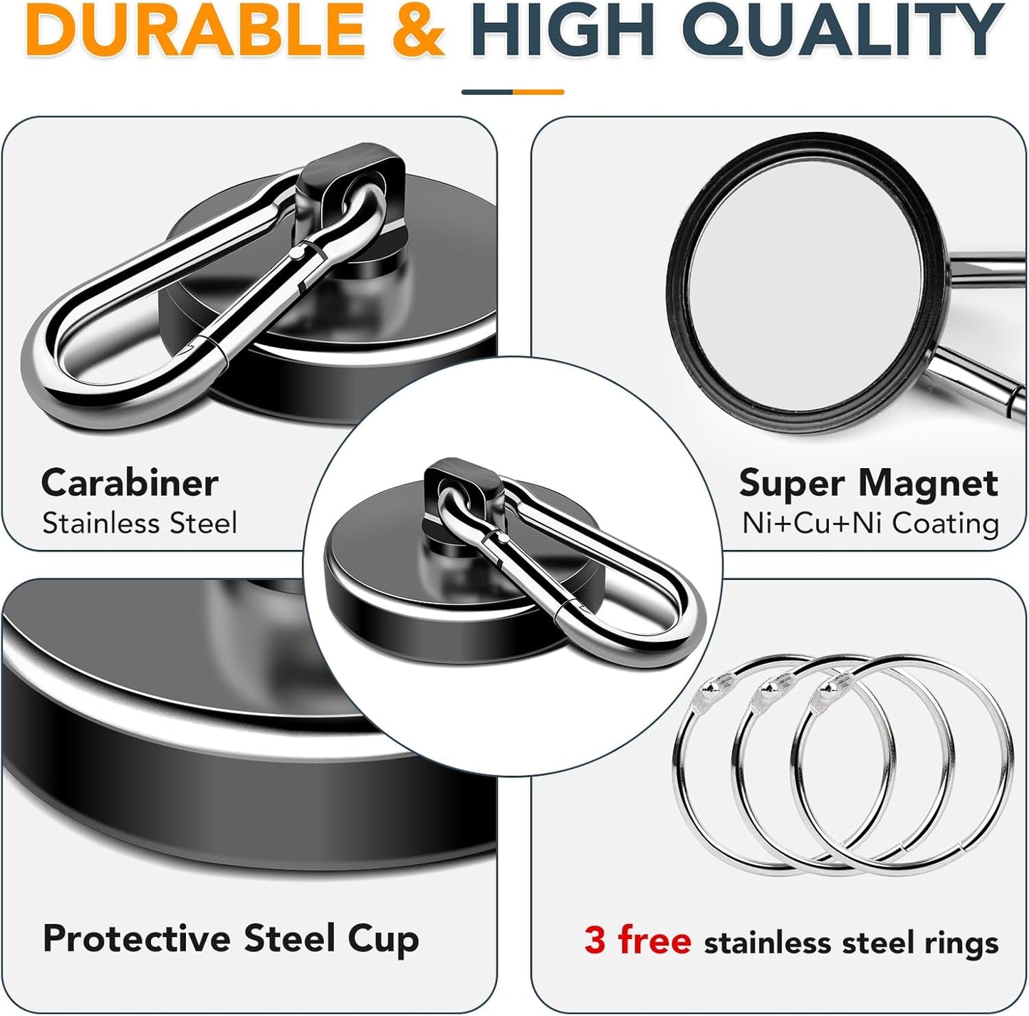 MIKEDE Strong Magnetic Hooks Heavy Duty, 200LBS+ Black Swivel Neodymium Magnets with Carabiner Hook, Hooks for Hanging, Curtain - 4 Pack