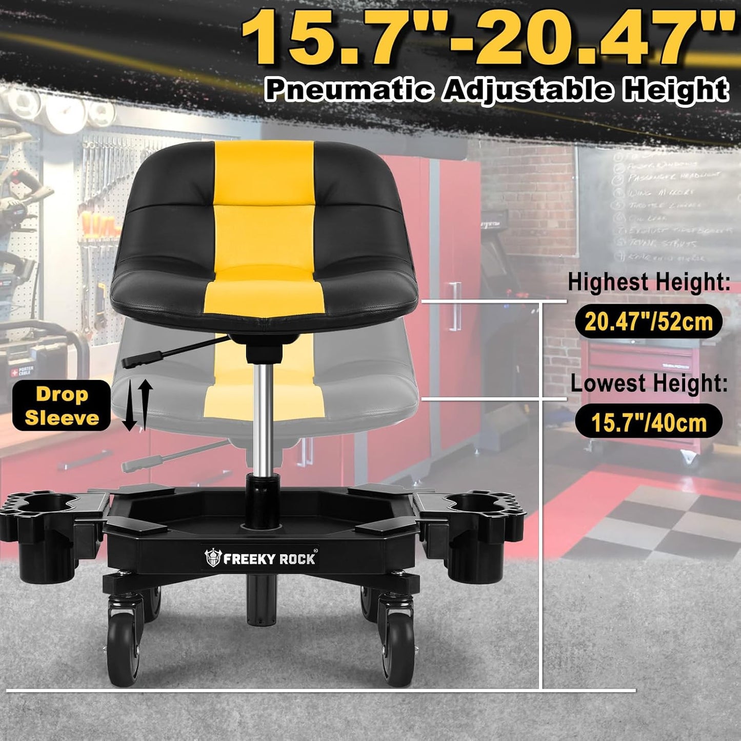 Rolling Stool with Wheels, Adjustable Height Pneumatic Garage Work Mechanic Stool Seat with Backrest, 400 LBS Capacity 360° Swivel Mechanic Crepper Chair with Tool Tray Storage, Yellow