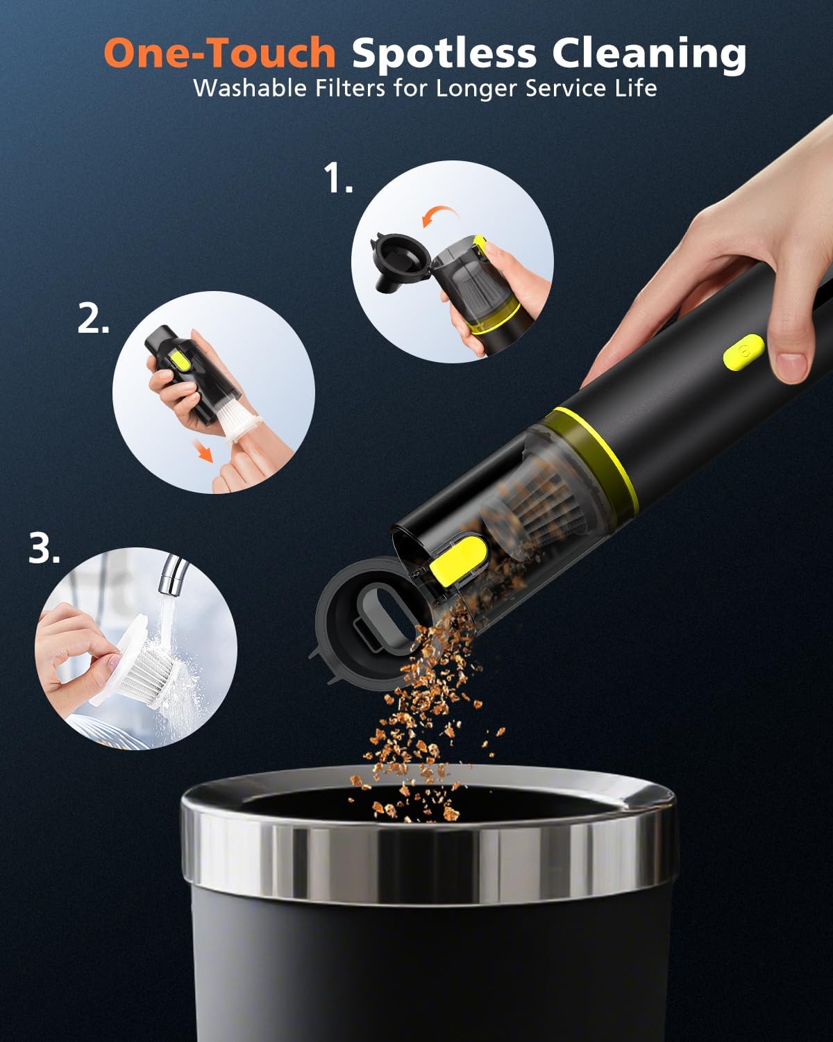 Car Vacuum Portable with 16000Pa Powerful Suction, Handheld Vacuum Cordless Rechargeable Blow & Suction 4 in 1, Small Vacuum Cleaner for Car, Home, Office, Outdoor (Black Yellow)