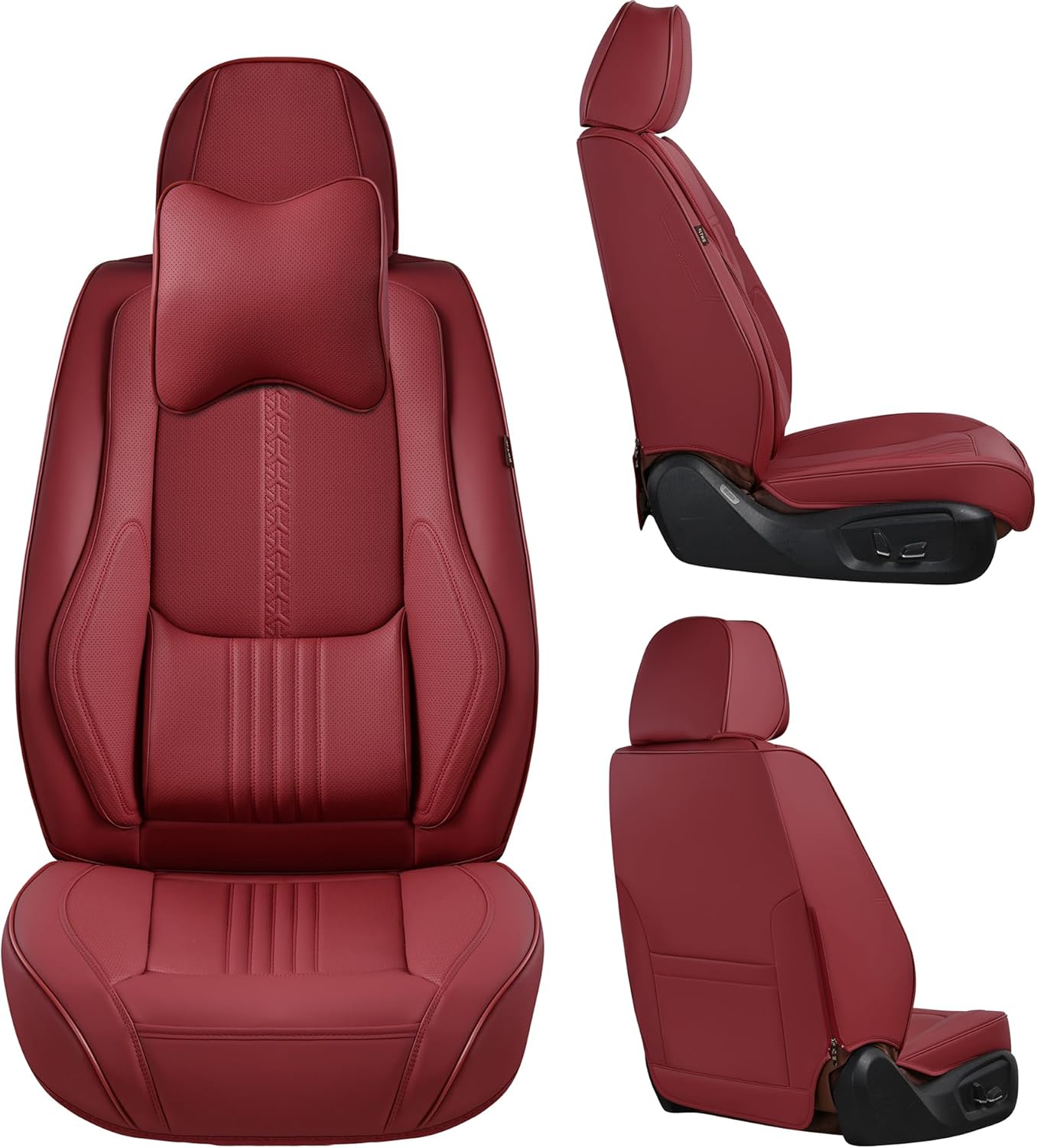 Front Seat Covers, 2 Pieces Universal Seat Covers for Cars, Waterproof Leather Auto Seat Protectors with Head Pillow, Car Seat Cushions Fit for Most Sedans SUV Pick-up Truck, Wine Red