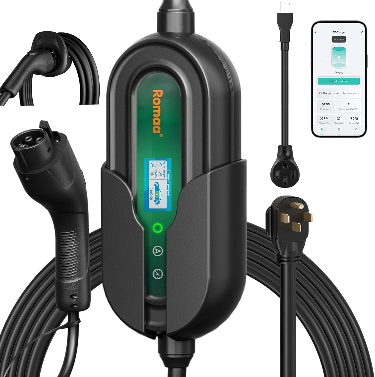 Level 2 EV Charger w/App Control: 32A 240V 7.68kW Fast Charging, NEMA 14-50 Plug & 25ft J1772 Charging Cable, Indoor/Outdoor Portable EVSE for Home, ETL/FCC Certified