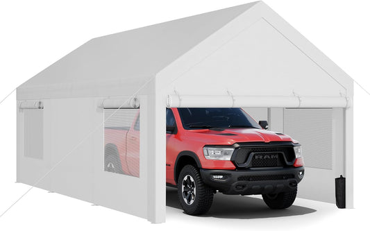 JY QAQA Carport, 12x20 FT Heavy Duty Carport Reinforced Steel Poles with Removable Sidewalls & Doors,Roll-up Windows Car Canopy with Sandbags and All-Season Tarp for Car Boat Truck Motorcycle