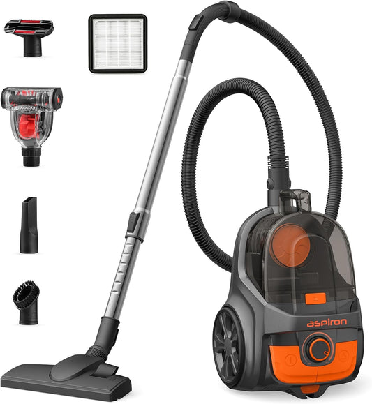 Aspiron Canister Vacuum, Upgraded 1600W Bagless Canister Vacuum Cleaner, Auto Cord Rewind, H13 HEPA Filter, 3.7Qt Large Capacity, 5 Tools for Hard Floors, Carpet, Pet, Upholstery, Tiles, Car, Orange