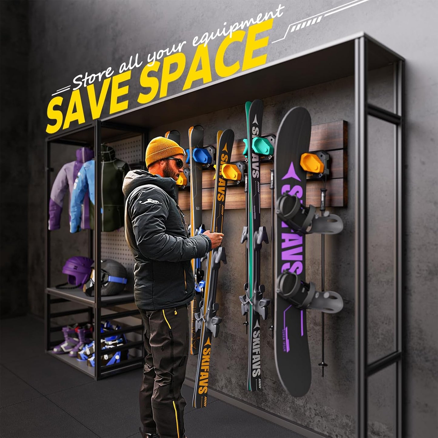 Ski & Snowboard Wall Rack for Garage - Fits Any Ski/board, Damage-Free Storage, Yellow, 6 Pack