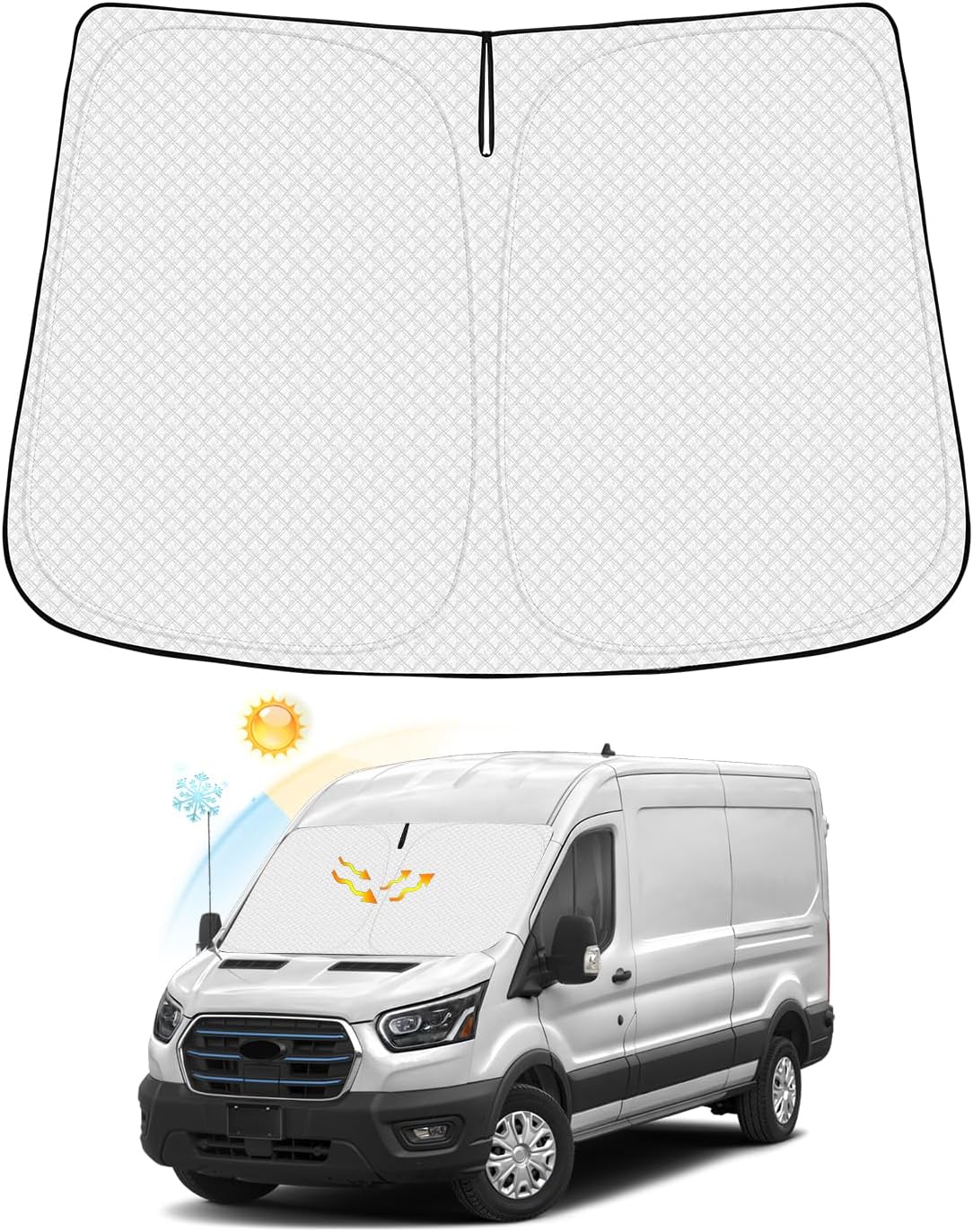 Windshield Sun Shade for 2022-2025 2026 Ford E-Transit Accessories Thicken 6-Layer Front Window Sunshade Cover Sun Visor Protector Foldable Block UV Rays Keep Vehicle Cool