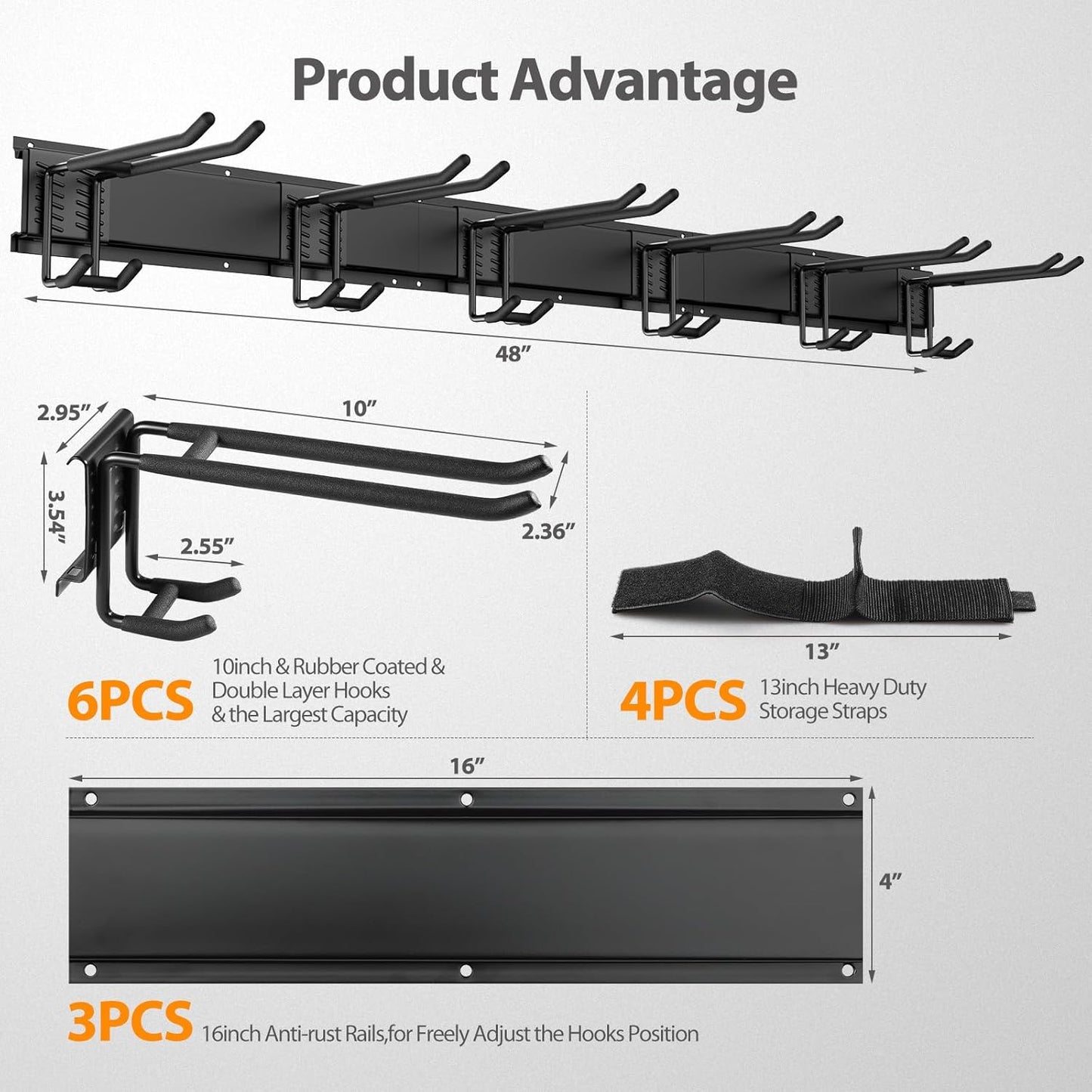 Tool Storage Rack, 48 Inch Heavy Duty Garage Wall Organzier, 13Pcs Adjustable Garden Tool Organizer for Garage Storage Organization Yard Shed Tool Organizer