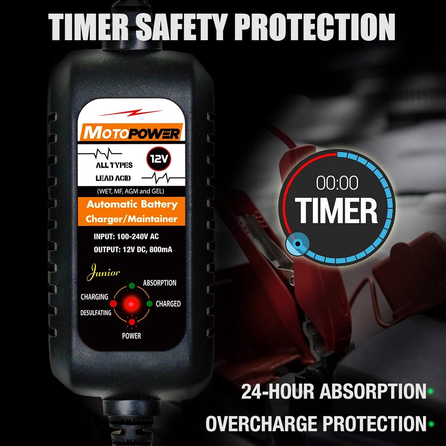 MOTOPOWER MP00205A 12V 800mA Automatic Battery Charger, Battery Maintainer, Trickle Charger, and Battery Desulfator, 2 Pack