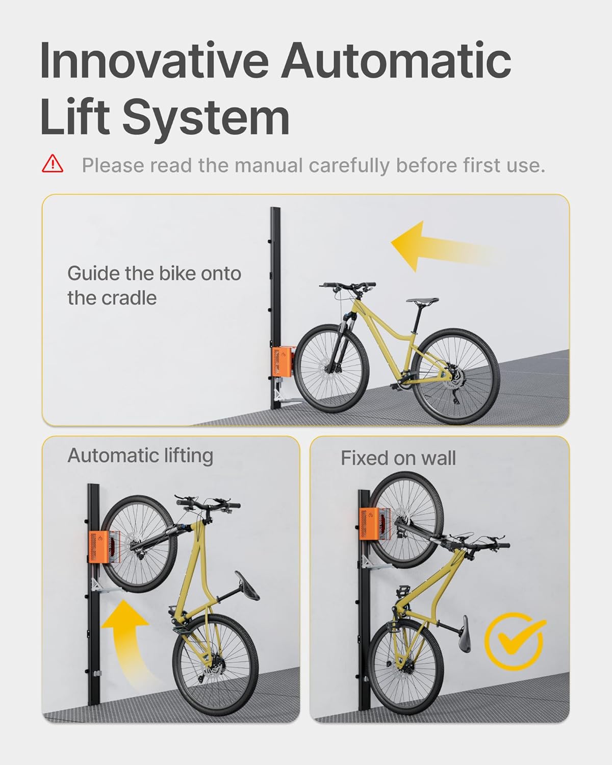 monTEK Automatic Lift EBike Rack – Fits 24-29" Tires, Heavy-Duty Vertical Wall Rack for Bicycles (Up to 71 lbs) - Effortless Lifting, Easy Install - Space-Saving Storage for Garage, Shed, BO