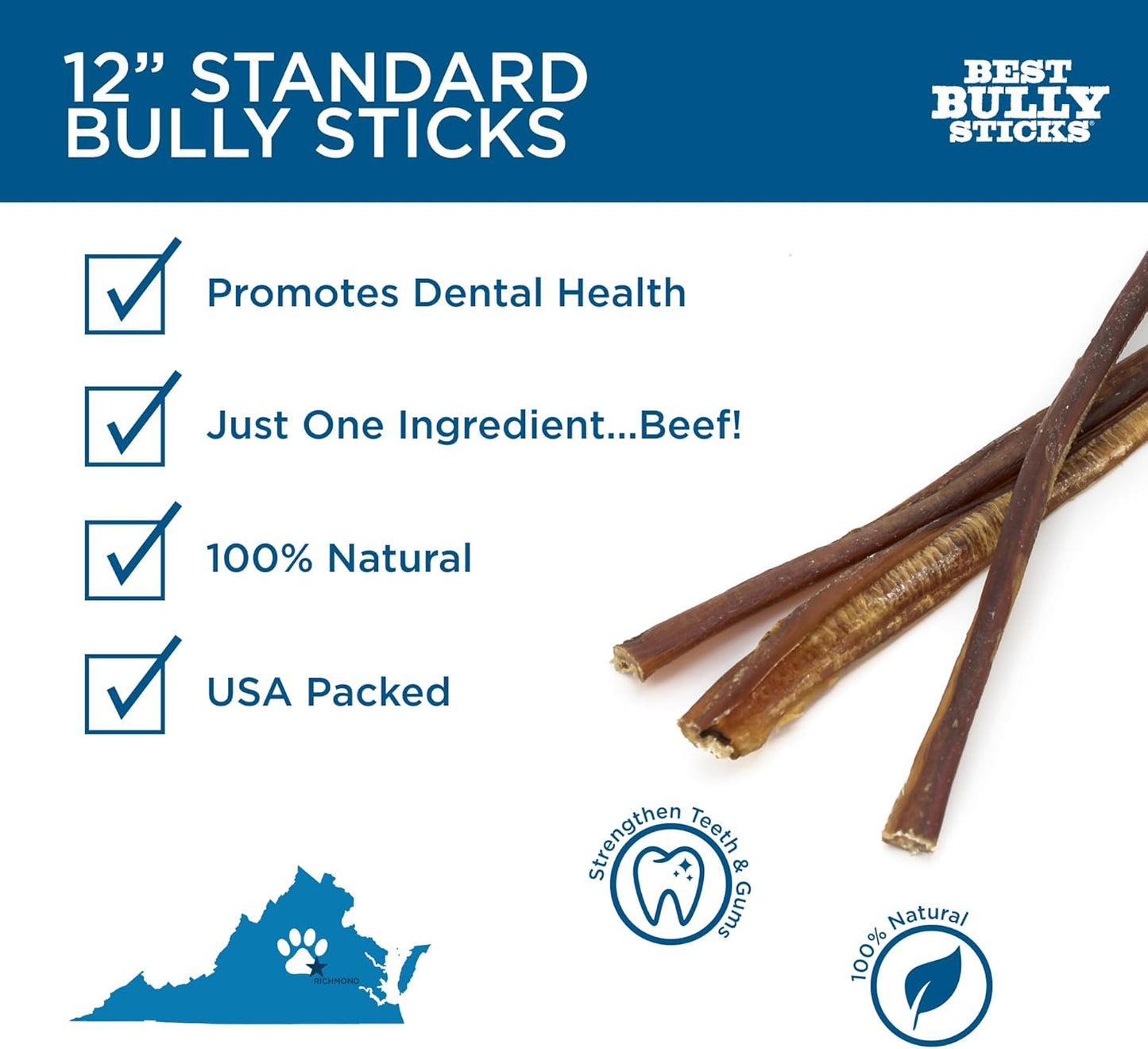 Best Bully Sticks 12 Inch Bully Sticks for Dogs - 25 Count (Pack of 1) - Natural, Easily Digestible, 100% Grass-Fed, Grain and Rawhide Free