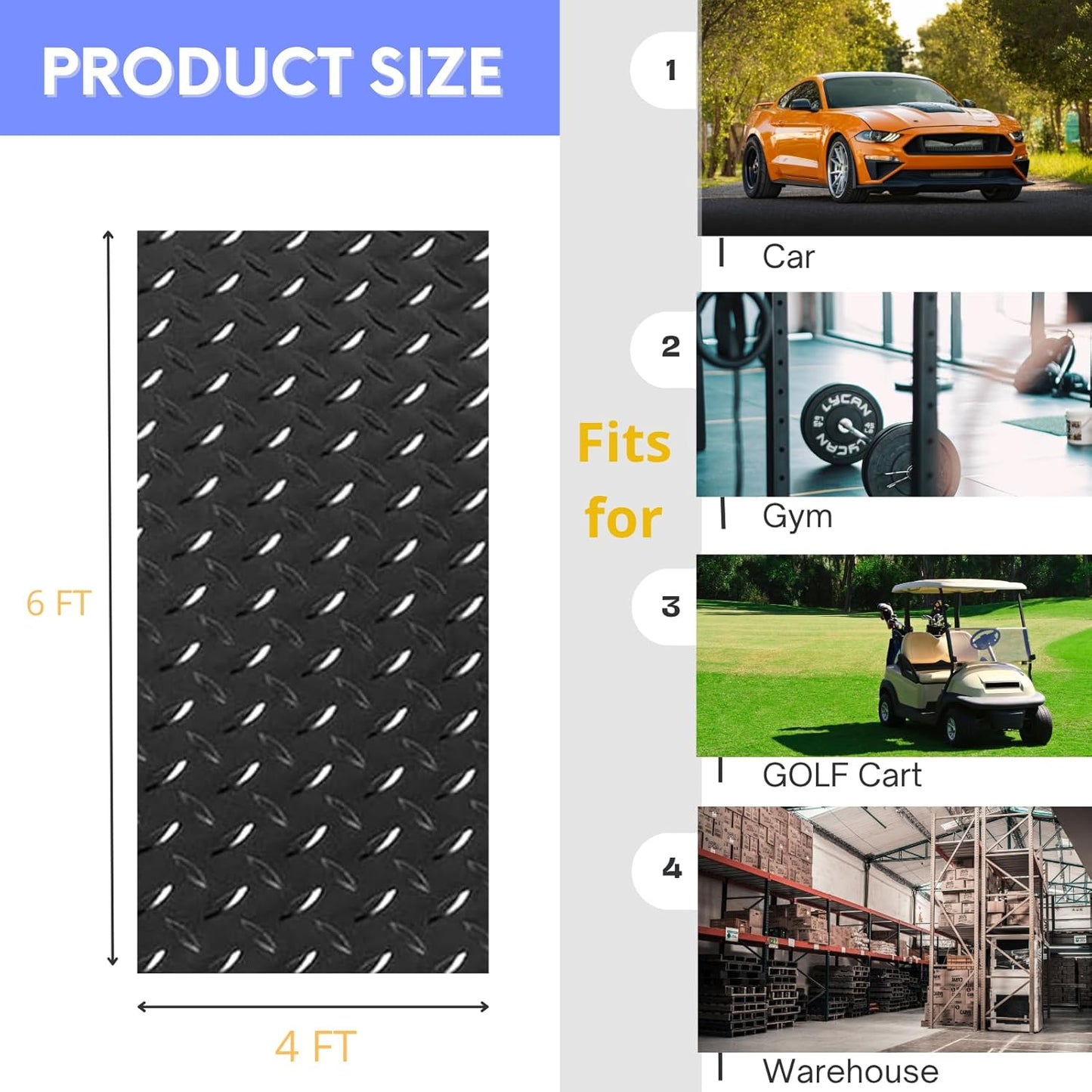 4X6 FT Garage Floor Mat， 2.5 Inch Thickened Diamond Plate Flooring Roll for Under Car， Non-Slip Commercial Grade Heavy Duty Parking Mat for Garage, Warehouse, Workshop, Basement, Gym（Black）