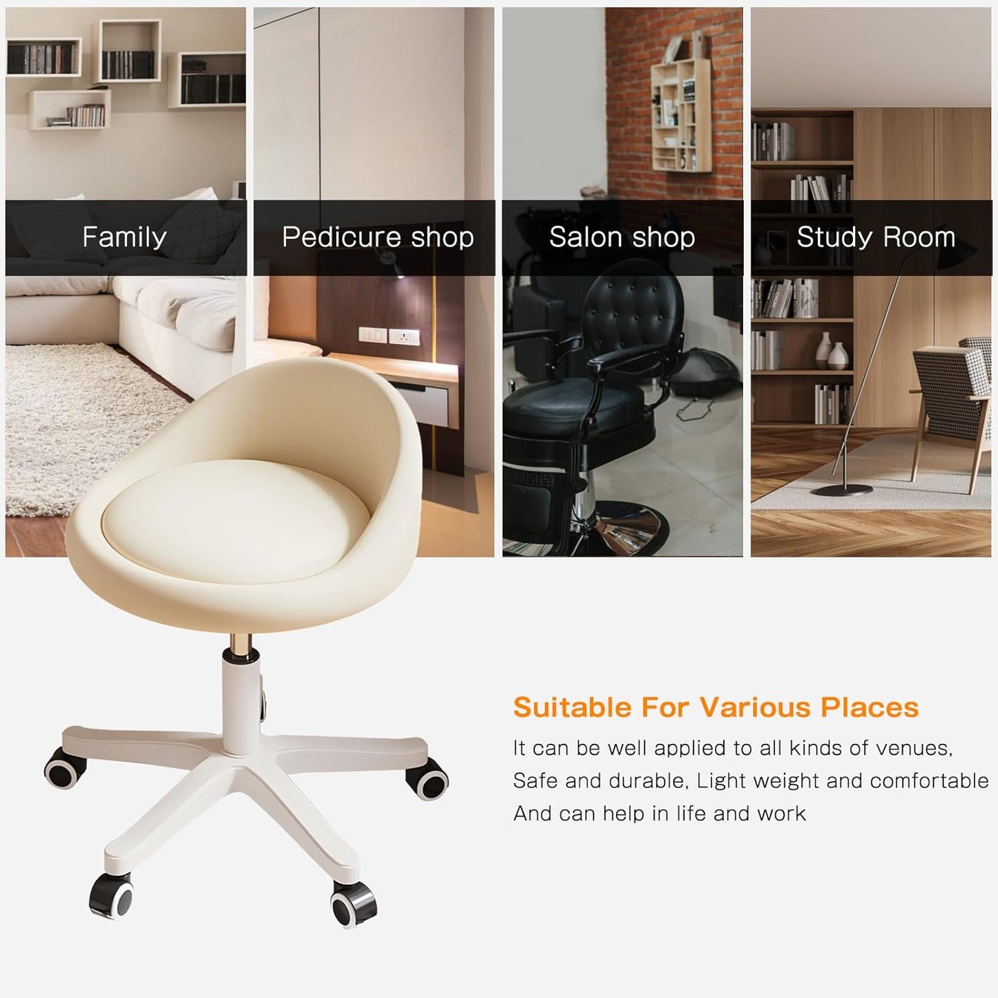 Rolling Stool Set of 4 Rolling Hydraulic Salon Stool with Low Backrest - Adjustable Swivel Chair for SPA, Shop, Salon, Massage, or Medical Office Beige