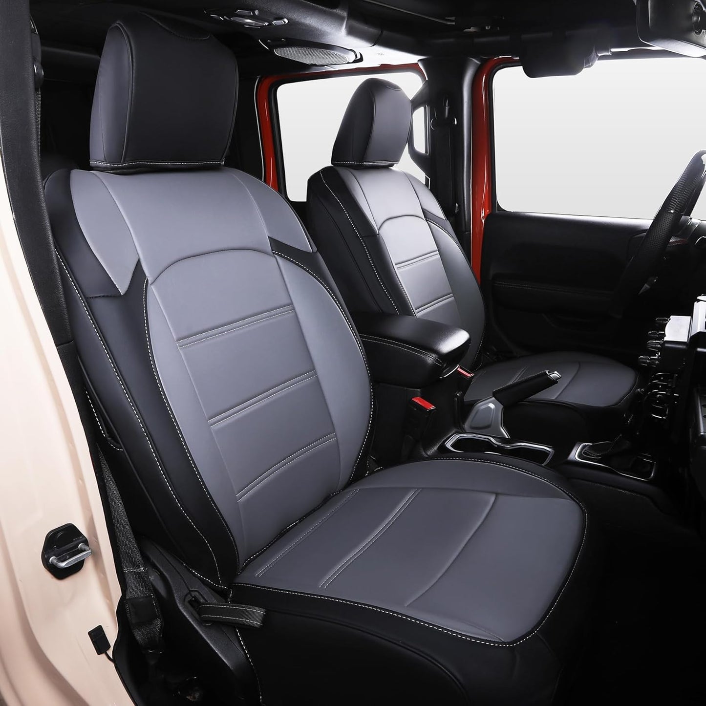 Car Seat Covers Full Set Custom Fit for Jeep Wrangler JL 2 Door 2018 2019 2020 2021 2022 2023 2024 Sport, Sport S,Willys, Rubicon, Rubicon X, Durable Faux Leather, Waterproof (Black+Gray)