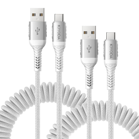 Coiled USB to USB C Cable 6FT, 2Pack Braided USB A to Type C Charger Cable for Car 66W Fast Charging Cord Compatible with iPhone 16 15 Pro Max, iPad, Samsung Galaxy, Google Pixel, LG Phones-Silver