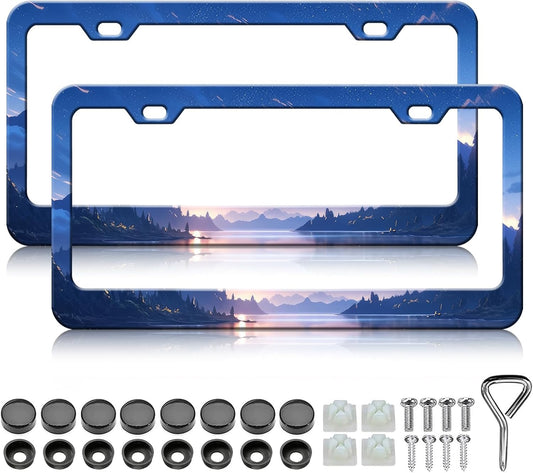 Starry Sky Mountain License Plate Frames - 2 Pack Night Sky Mountain Stainless Steel License Plate Holder,Rust-Proof Waterproof Car Decorative Tag Frame with Screws Fasteners Caps