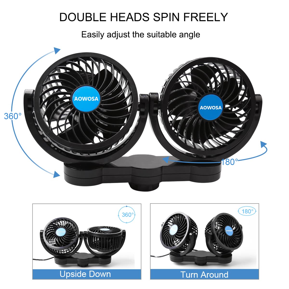 Car Fan for Backseat Auto 12V Electric Cooling Fan Portable Car Seat Headrest for Sedan SUV RV Boat, with 360° Rotatable Dual Head, Stepless Speed Regulation, Cigarette Lighter Plug