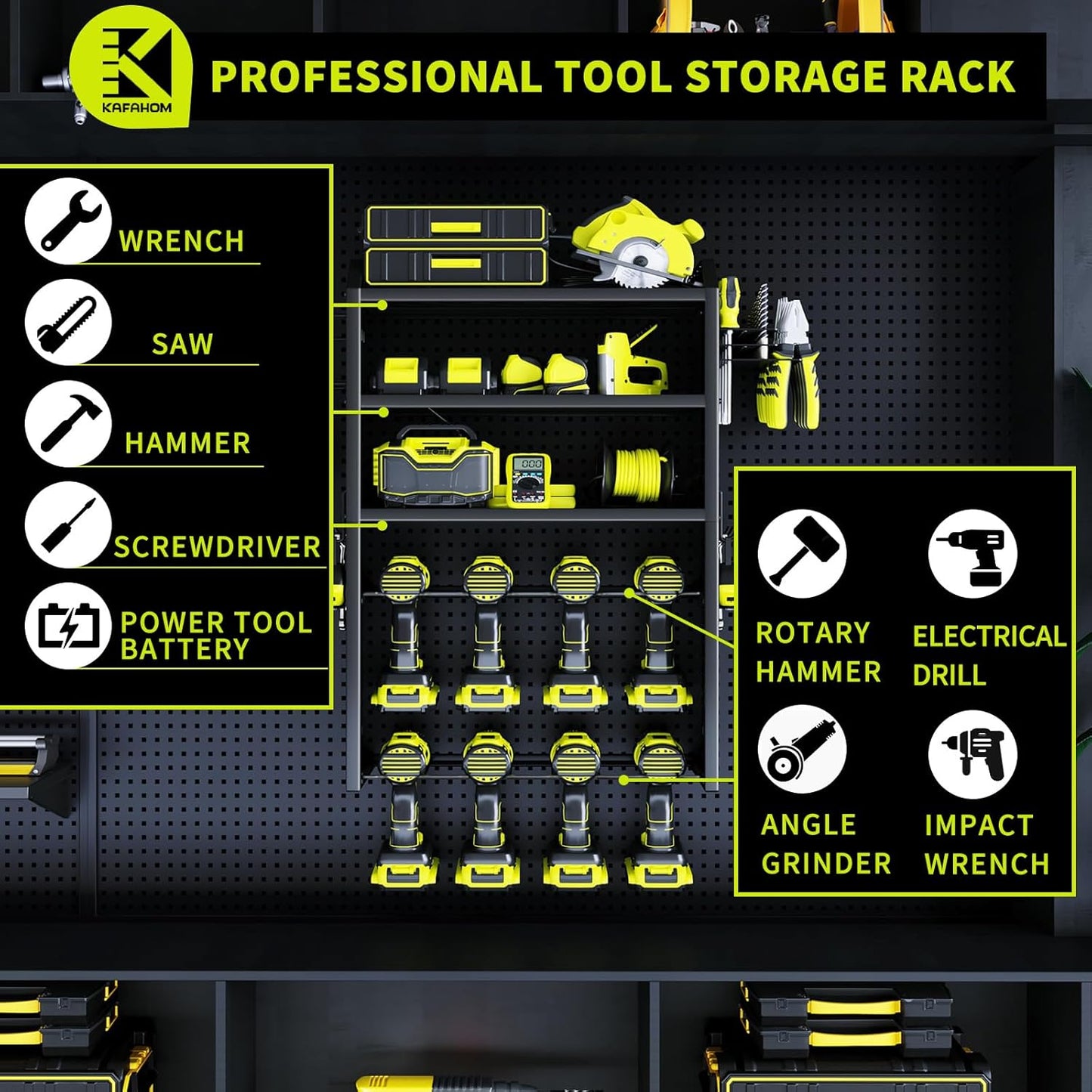 KAFAHOM Power Tool Organizer,Large 8 Drill Holder Wall Mount with 2 Side Pegboards,5 Layer Metal Tool Storage Rack with 12 Hooks,Tool Shelf for Garage Organization,Utility Battery Shelves - Black