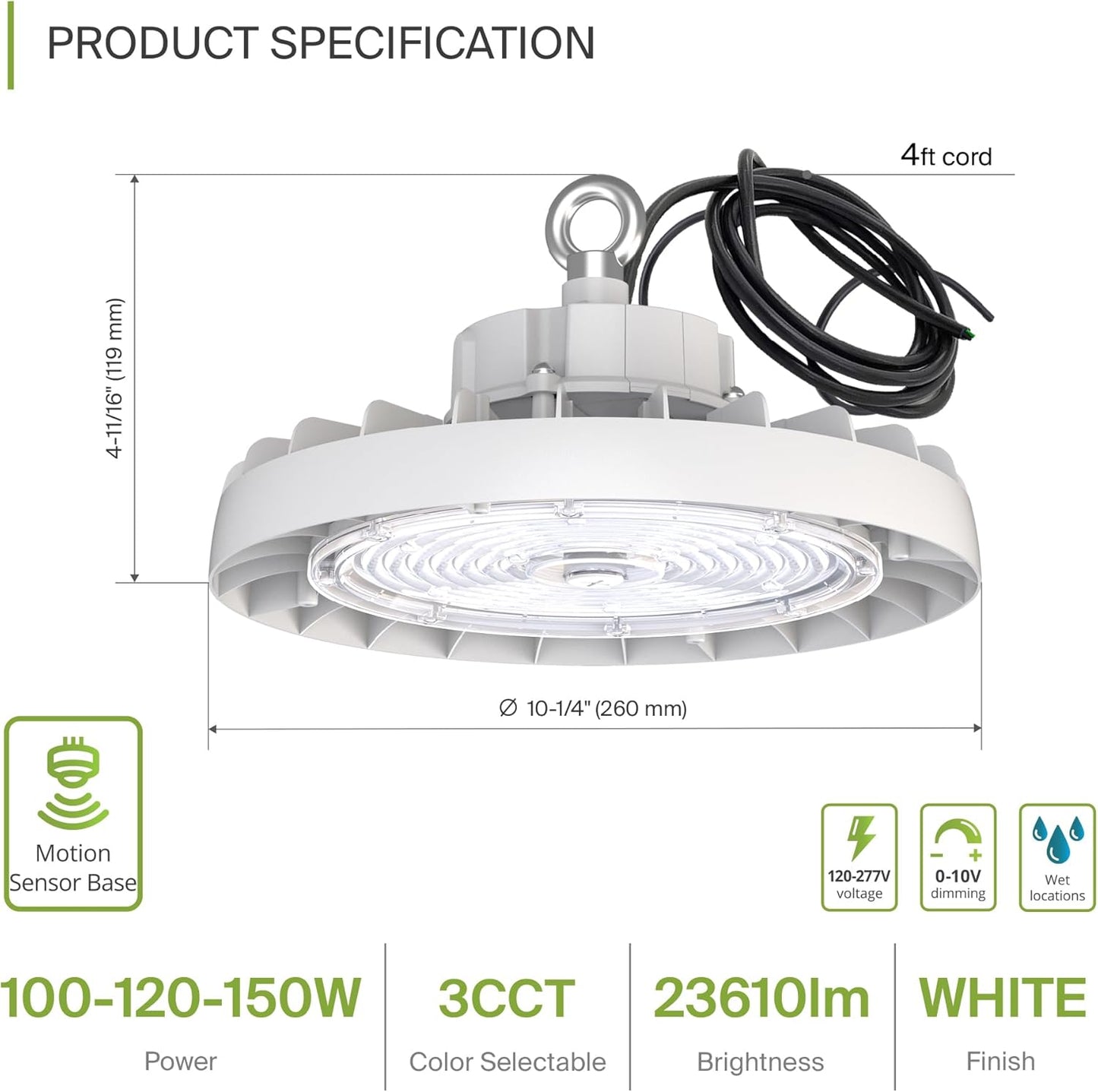 ASD LED High Bay UFO Light Fixture, Commercial Shop Lighting | 3CCT, Dimmable, IP69K Waterproof, DLC Premium, UL Listed | 150W 23600LM 3000-5000K 100-277V | Warehouse, Garage, Workshop Lamp | White