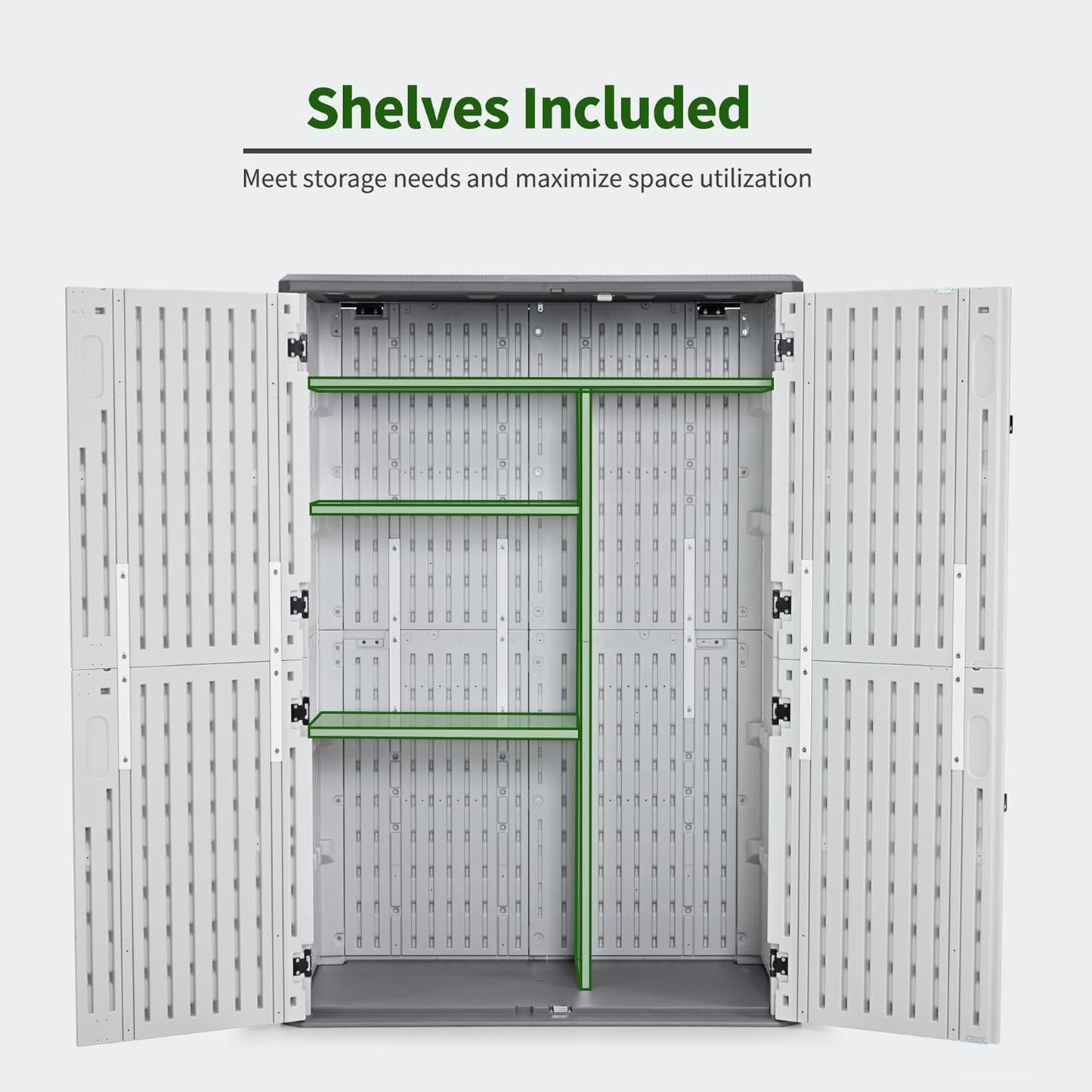 Macrout 50 Cu.Ft Plastic Outdoor Storage Cabinet with Shelves, 4.3 x 2.5 ft Waterproof Resin Outdoor Storage Shed with Floor, Lockable Vertical Shed for Garden and Patio