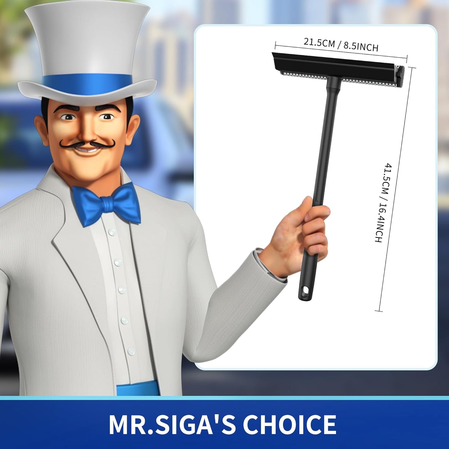 MR.SIGA Professional 2-in-1 Car Window Squeegee and Sponge Scrubber for Cleaning and Washing, Rubber Blade Cleaner With Handle, Black